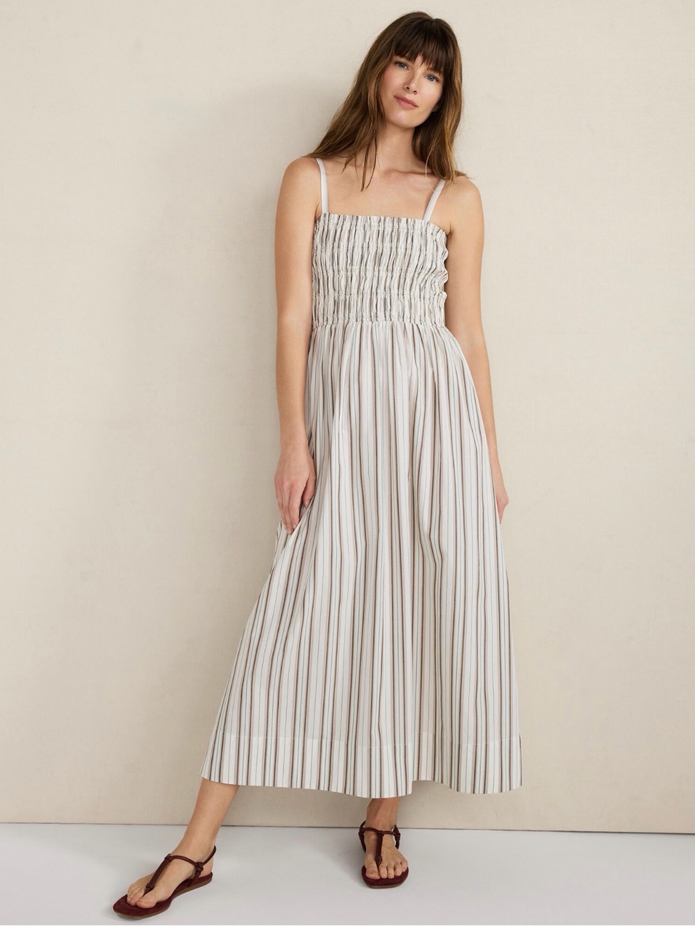 Haven Well Within Organic Cotton Poplin Smocked Midi Dress Striped Size XL